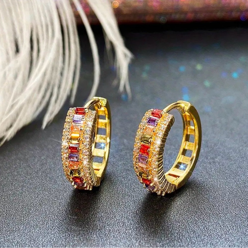 Elegant Gold colored Hoop Earrings with Rectangle Cut Zirconia